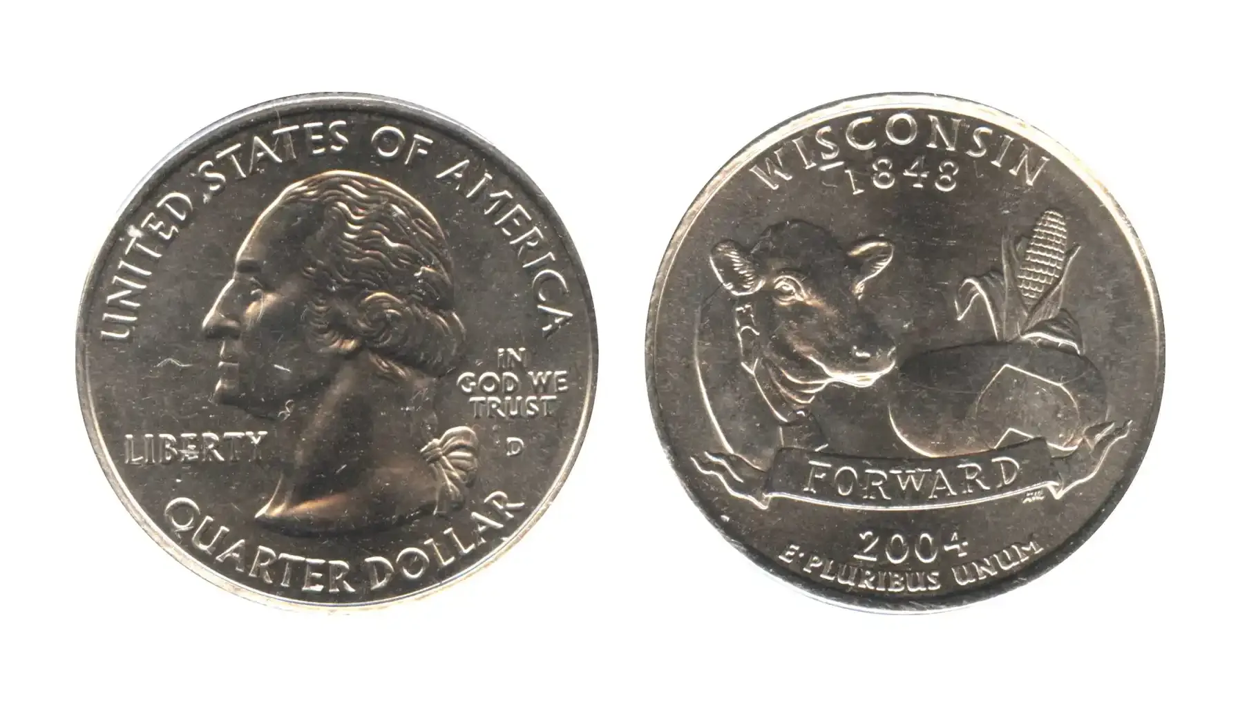 A picture of the 2004 Wisconsin Washington quarter, showcasing the design featuring a cow, a wheel of cheese, and an ear of corn, representing the state’s agricultural heritage.