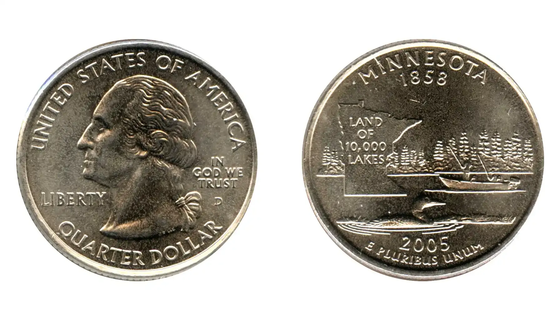 A picture of the 2005 Minnesota quarter, featuring a depiction of a beaver working on a dam, with a background of the state’s forested landscape and the North Star