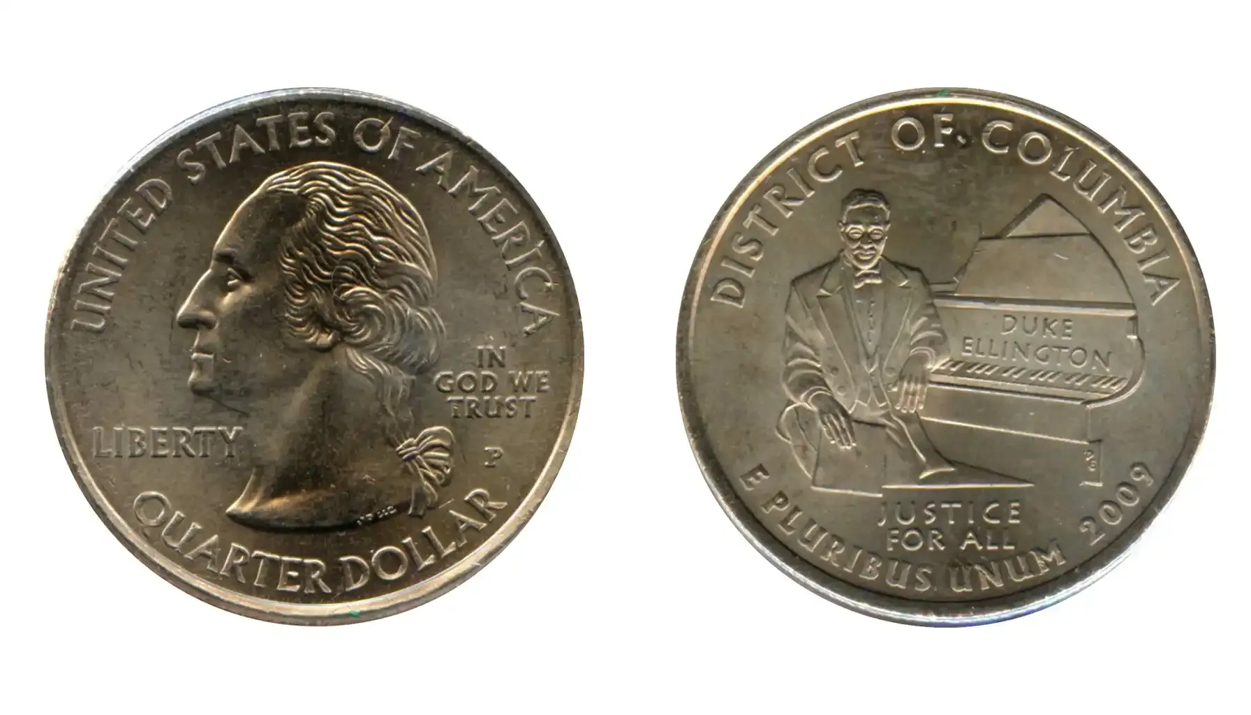 A picture of the 2009 District of Columbia Washington quarter, showcasing an image of the Musician Duke Ellington seated at grand piano holding sheet music