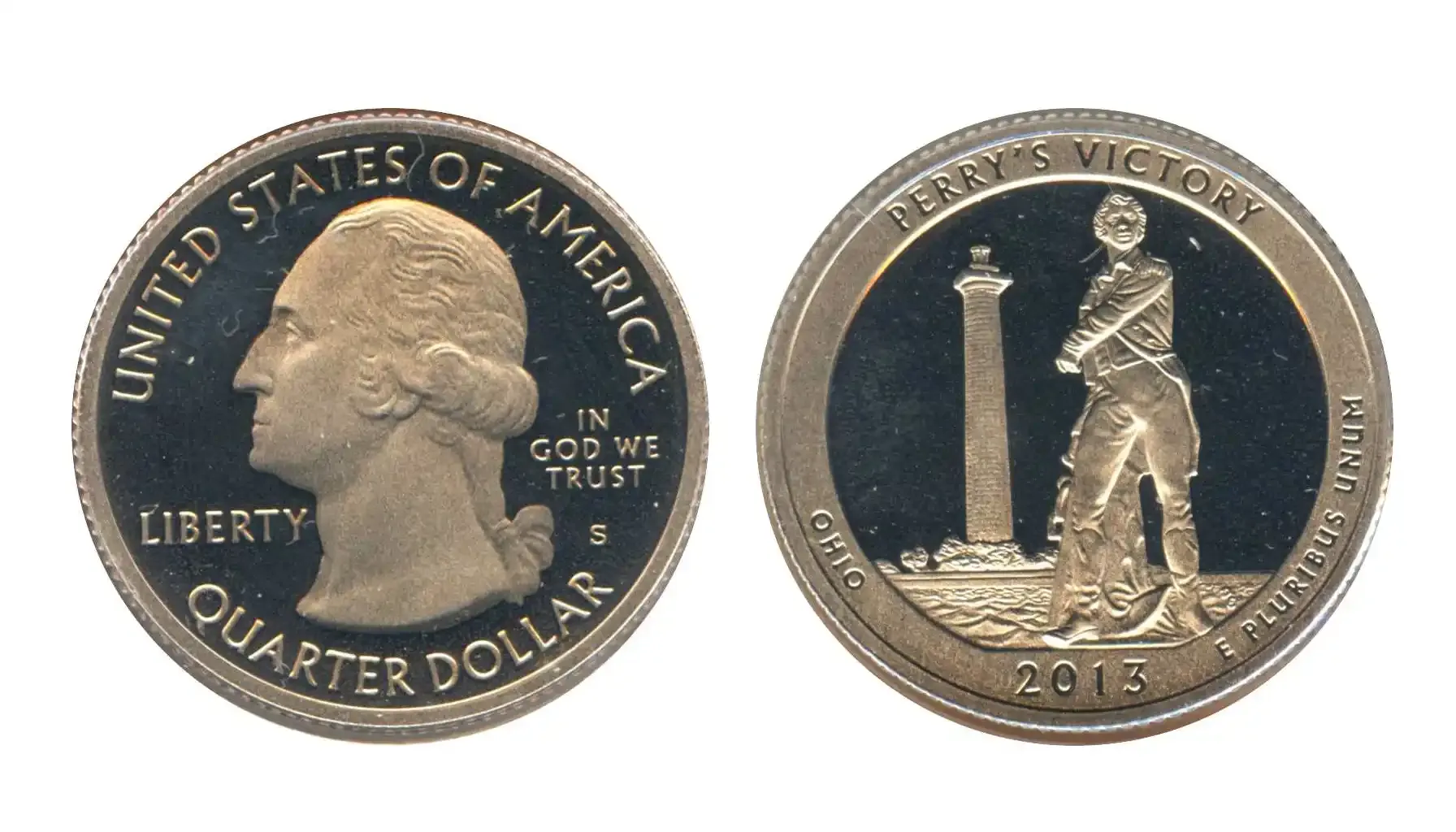 A picture of the 2013 Perry’s Victory and International Peace Memorial quarter featuring the statue of Commodore Oliver Hazard Perry with the Peace Memorial in the distance.