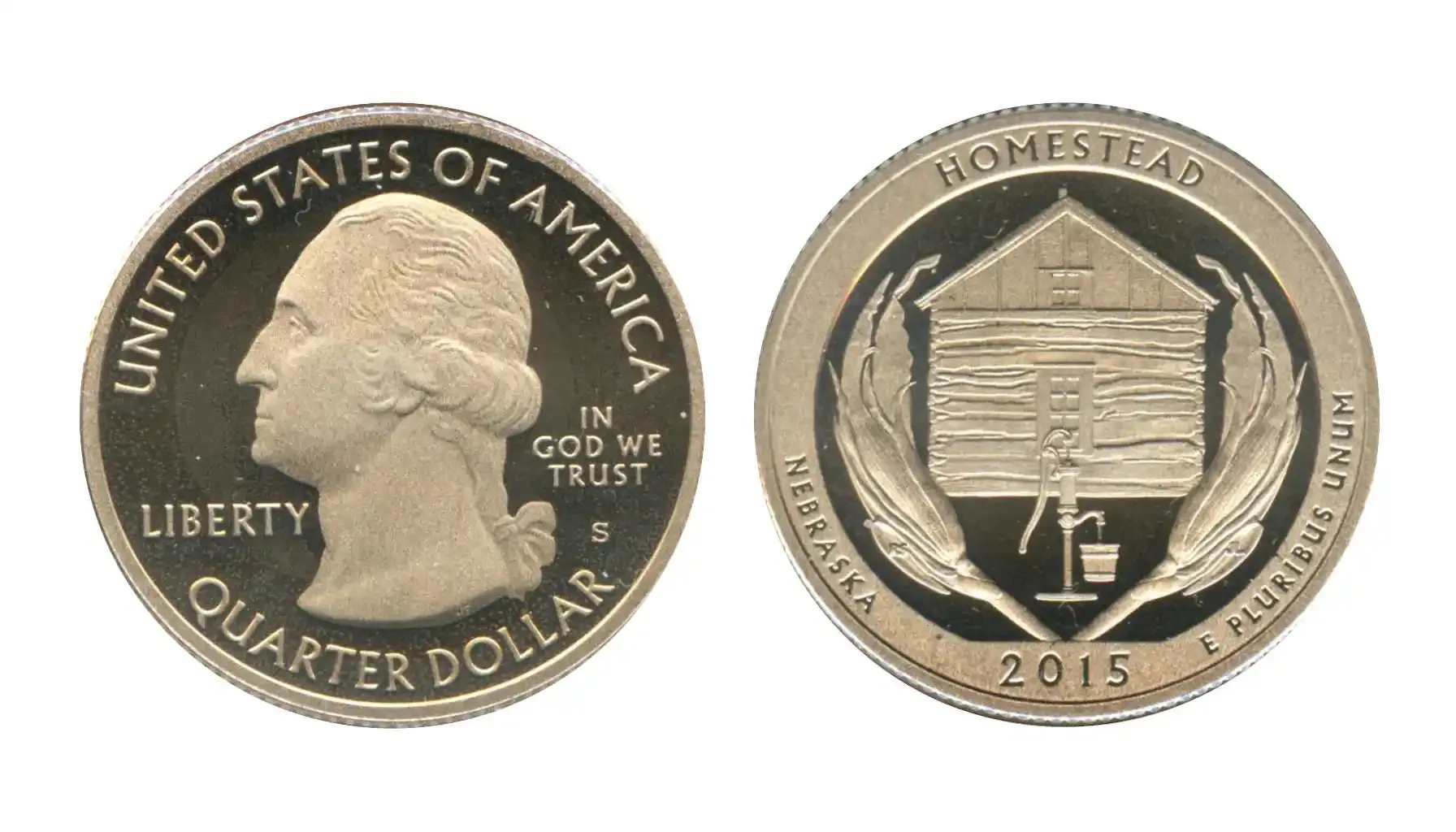 A picture of the Washington Quarter featuring the Homestead National Monument of America, symbolizing the three fundamentals of survival common to all homesteaders: food, shelter, and water.