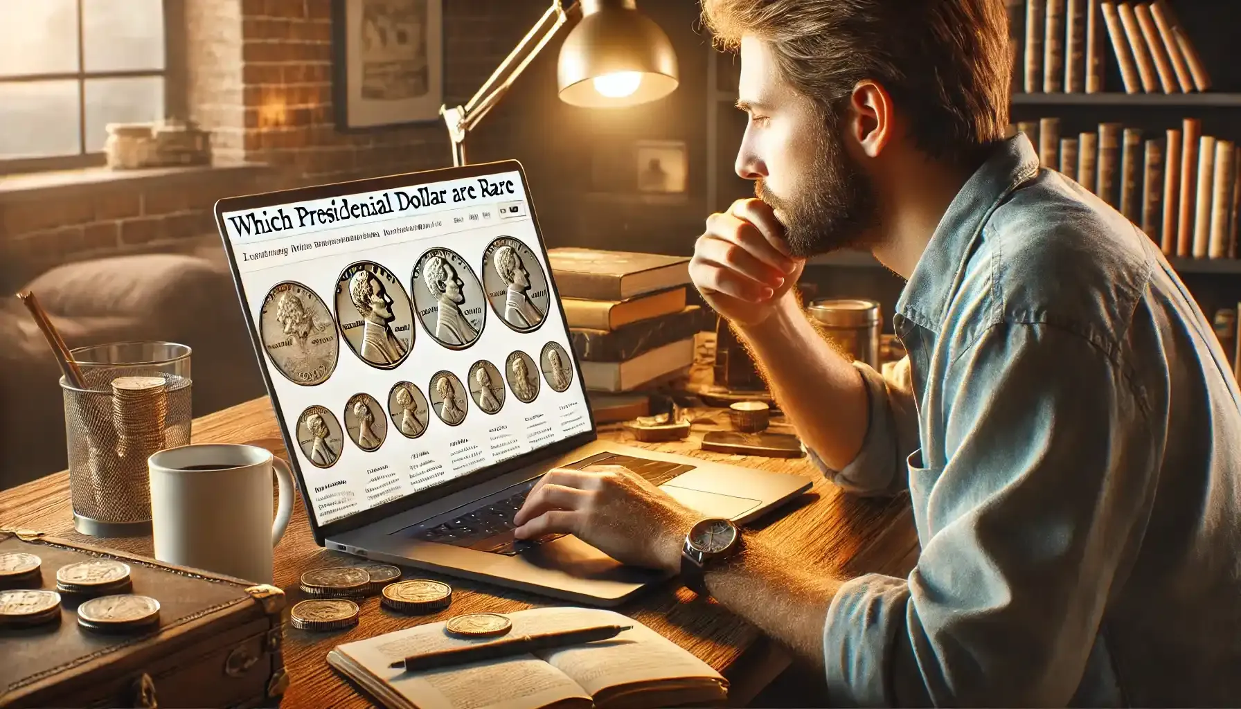 a man trying to find the answer to a question: "which presidential dollar coins are rare?" on a website about coins