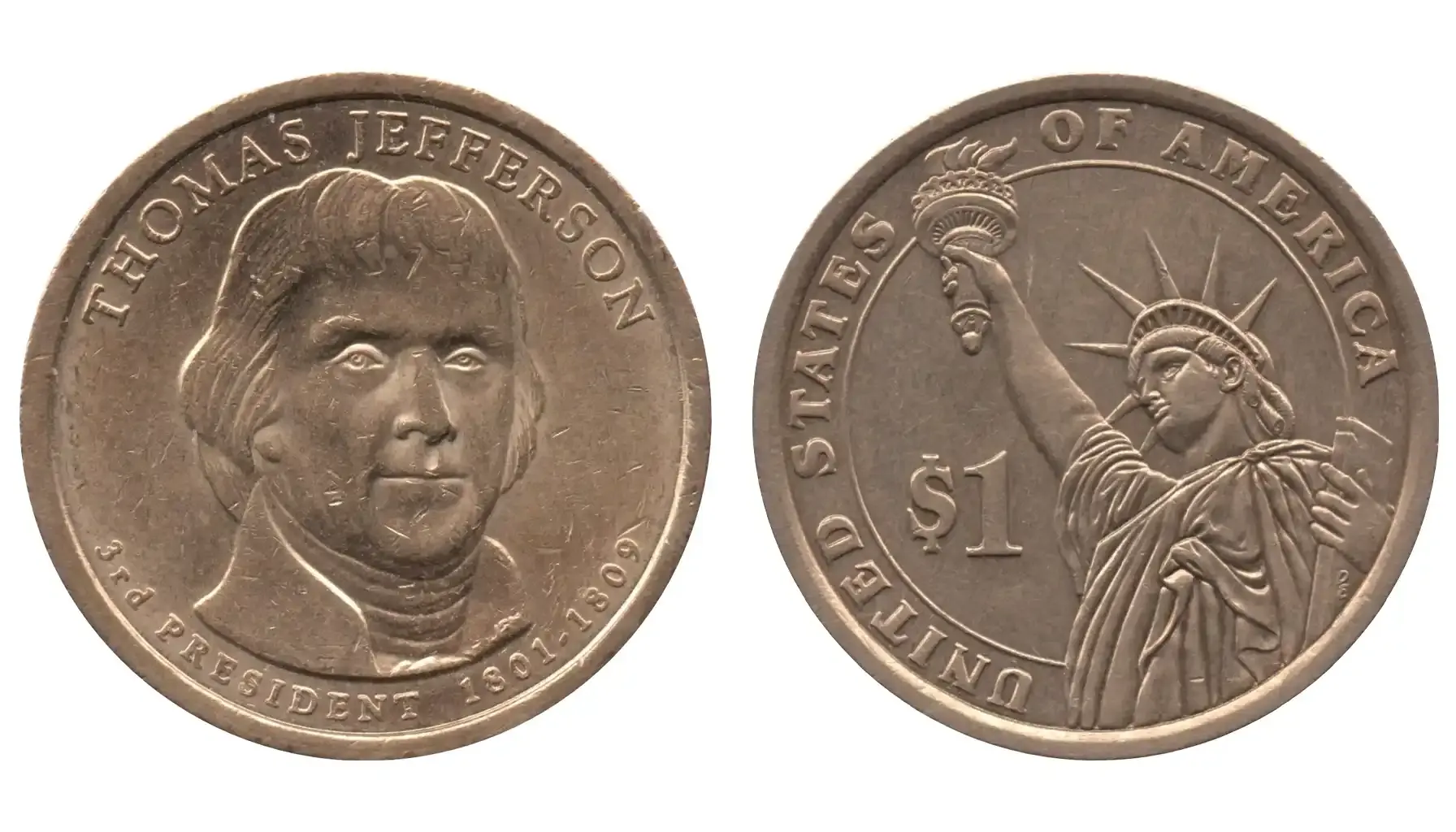 obverse and reverse of a standard 1 Dollar Thomas Jefferson coin