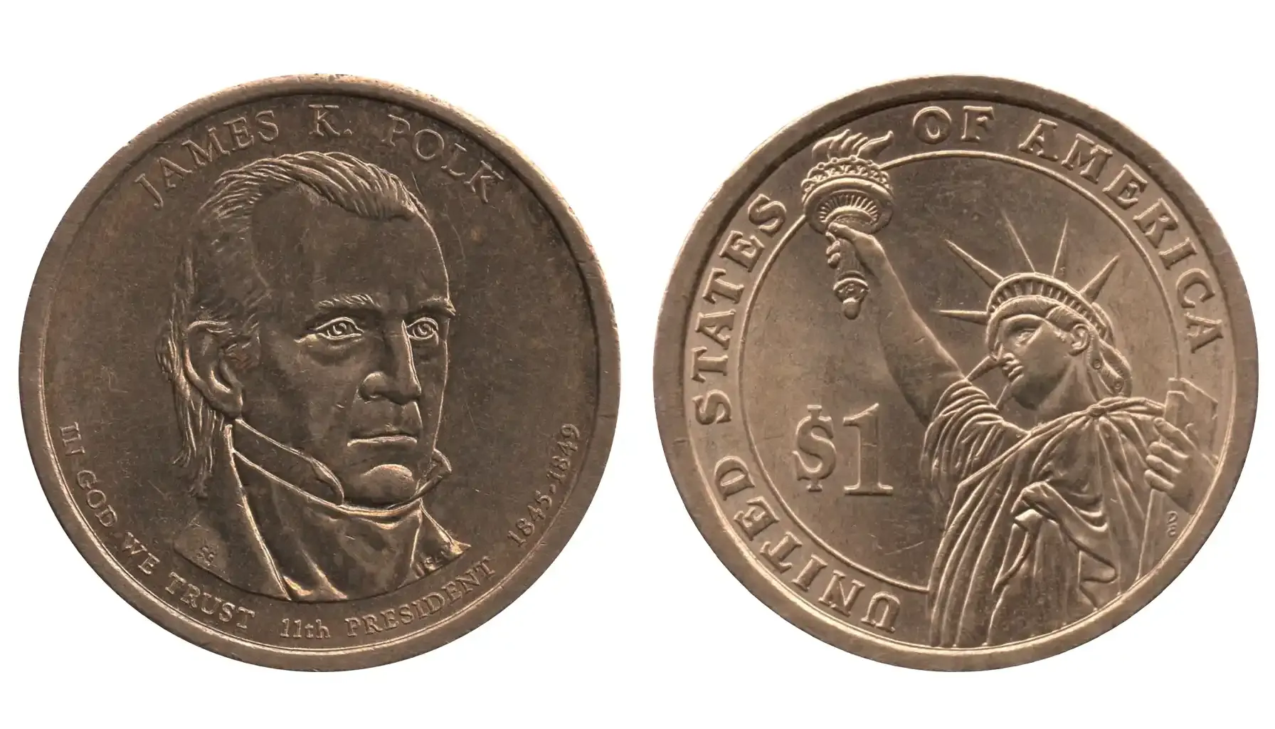 obverse and reverse of a standard 1 Dollar James K. Polk coin