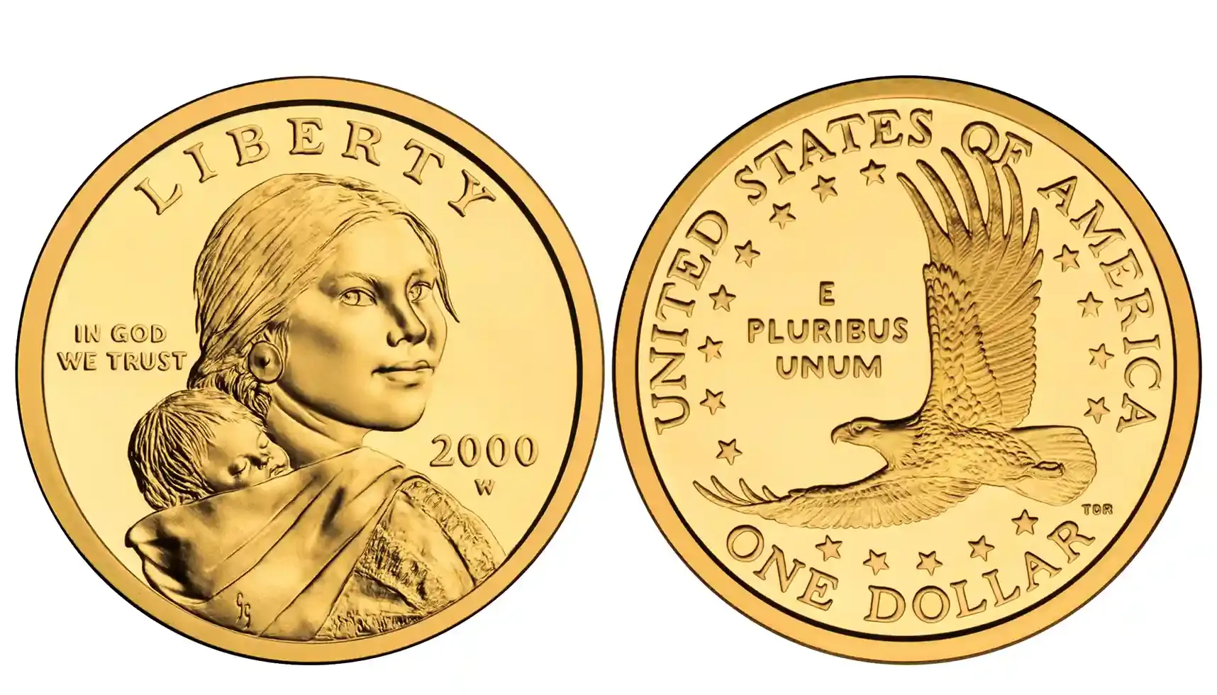 A picture of the 2000-P Sacagawea Dollar, featuring Sacagawea and an eagle in flight