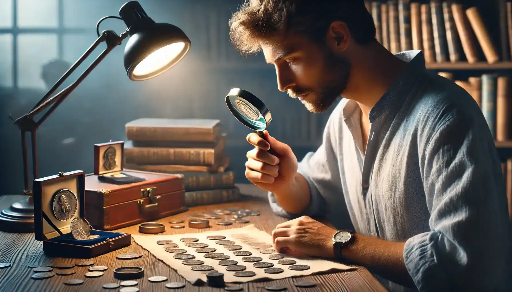 A picture of a coin collector carefully inspecting an old coin with a magnifying glass, examining its details closely.