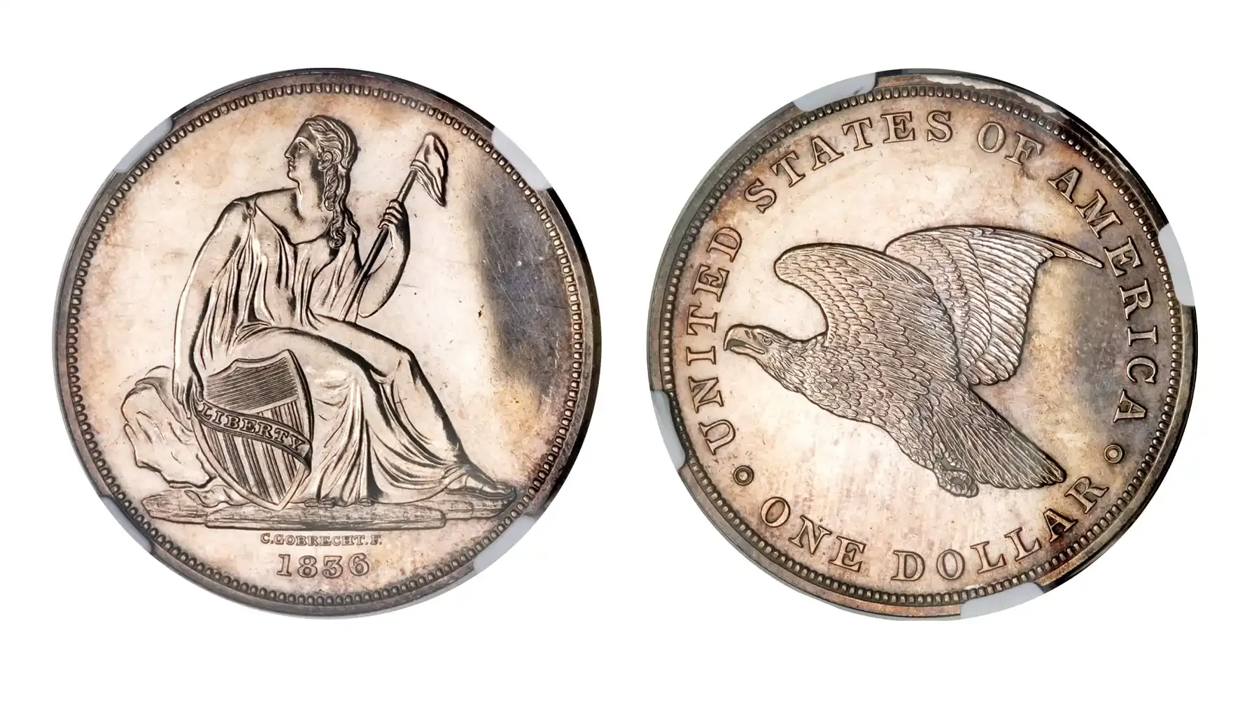 A picture of the 1836 Gobrecht Dollar, featuring Lady Liberty seated on a rock holding a shield and pole on the obverse, with a soaring eagle in flight on the reverse.