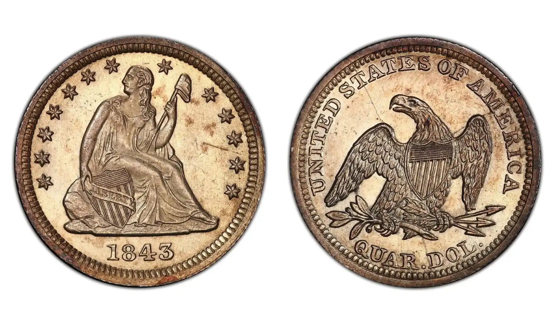 A picture of the 1852 Seated Liberty Dollar, featuring Lady Liberty seated on a rock holding a shield and a liberty pole, with stars surrounding her and a heraldic eagle on the reverse.