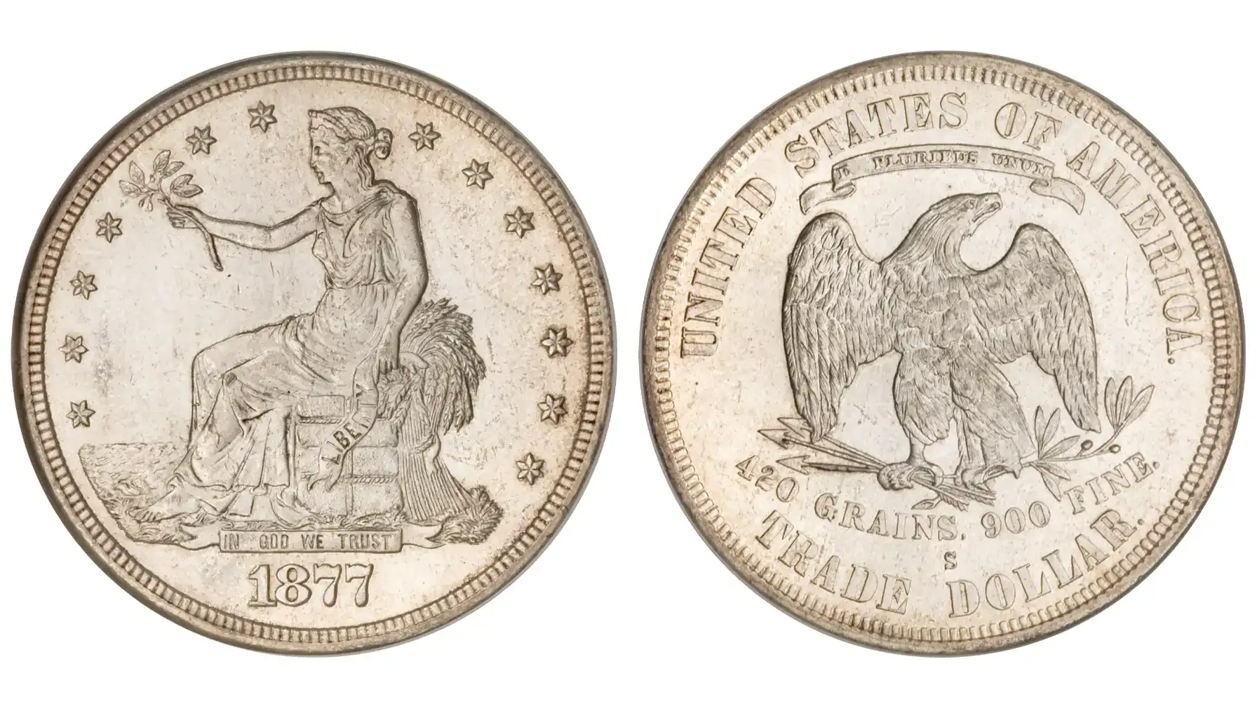 A picture of the 1885 Trade Dollar, featuring Lady Liberty seated with an olive branch extended toward the sea, with a stack of goods at her side, and an eagle holding arrows and an olive branch on the reverse.
