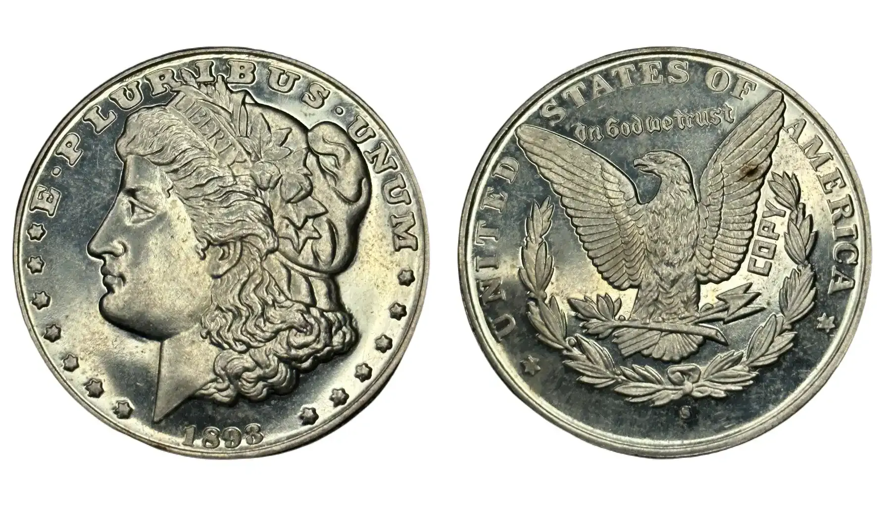 A picture of the 1893 Morgan Silver Dollar, featuring a profile of Lady Liberty on the obverse and the reverse displaying an eagle with outstretched wings.