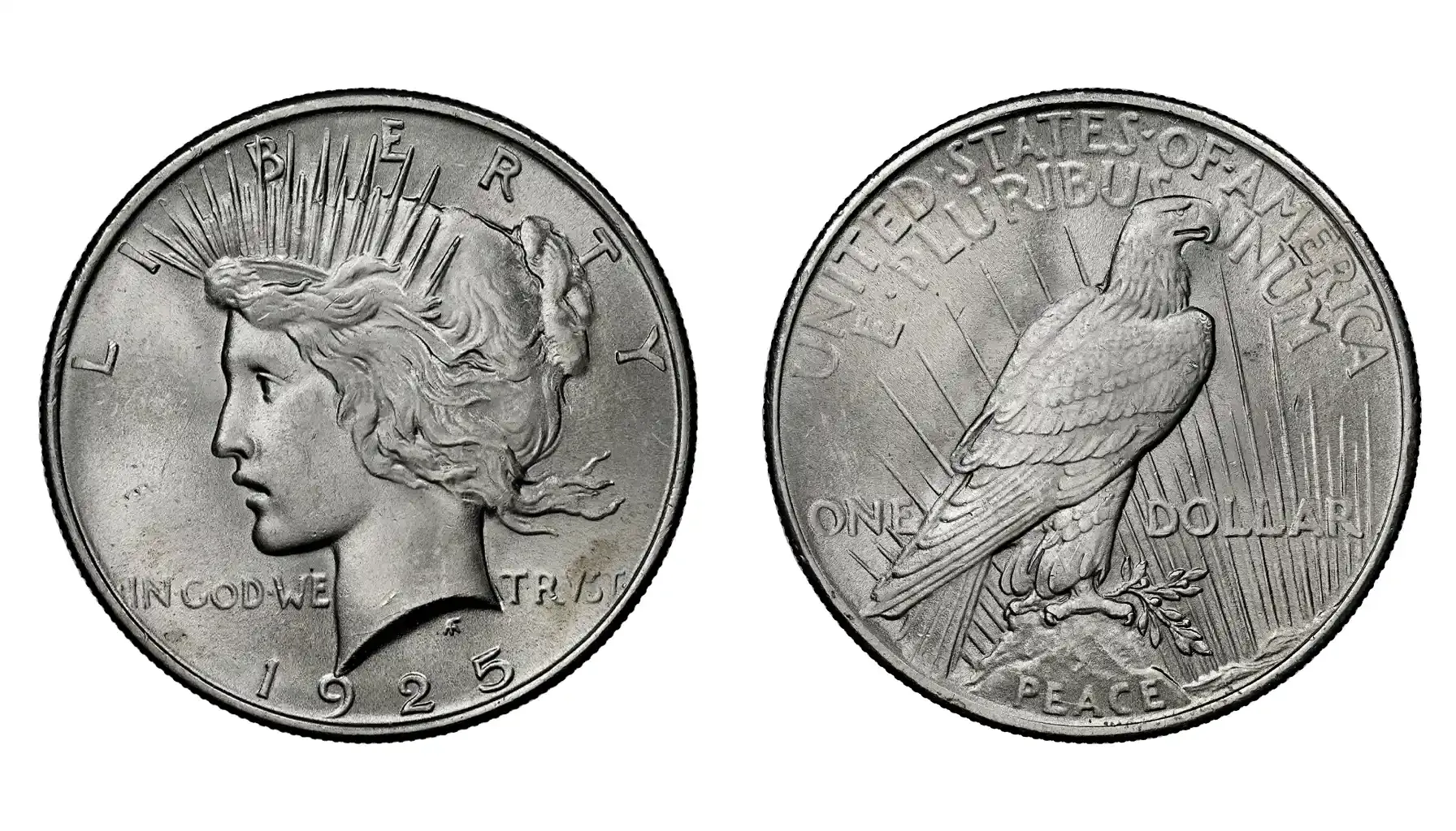 A picture of the 1928 Peace Dollar, featuring the profile of Lady Liberty with a radiant crown on the obverse, and the reverse depicting a perched eagle with an olive branch.