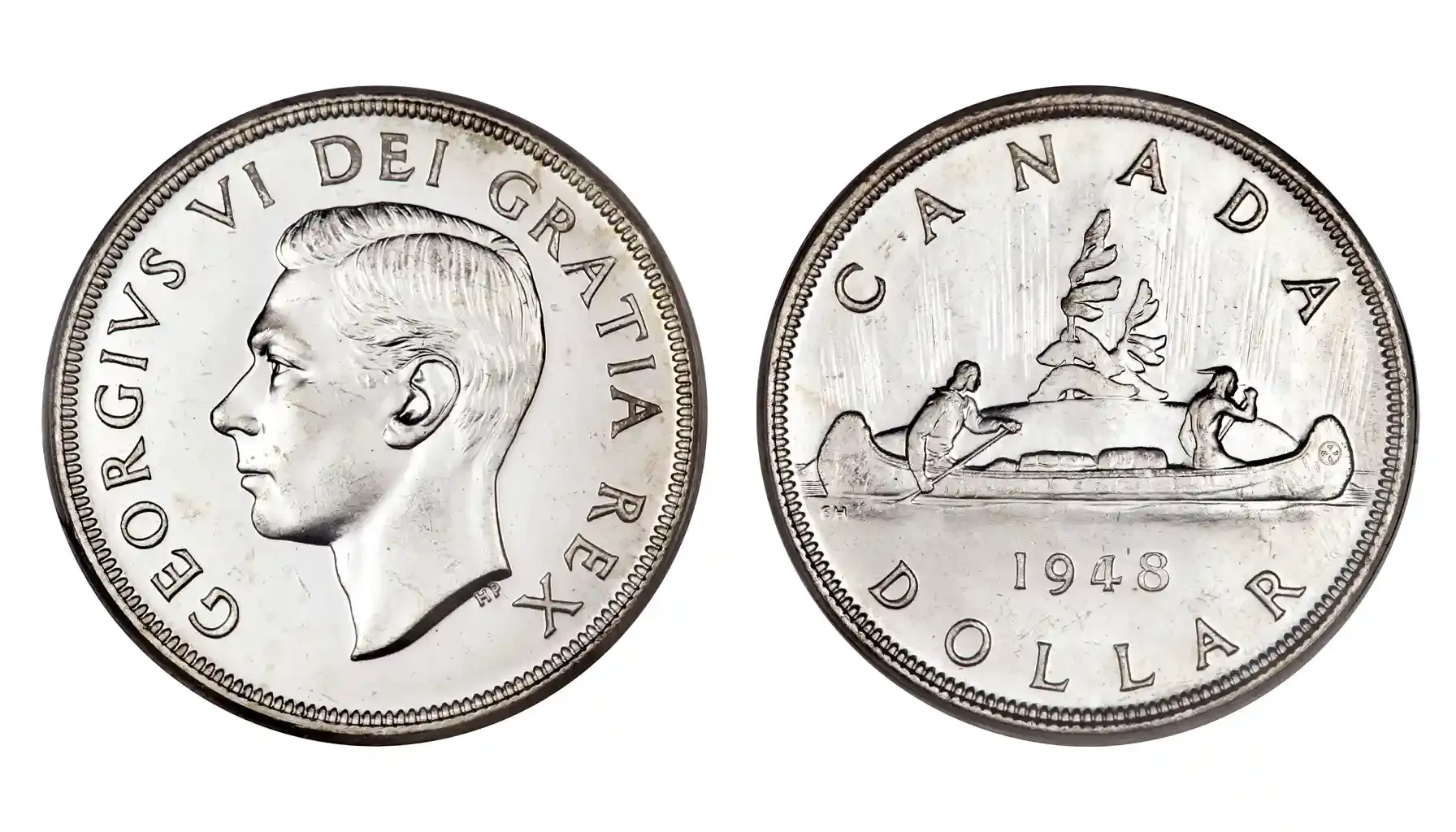 obverse and reverse of a 1948 Canadian silver dollar