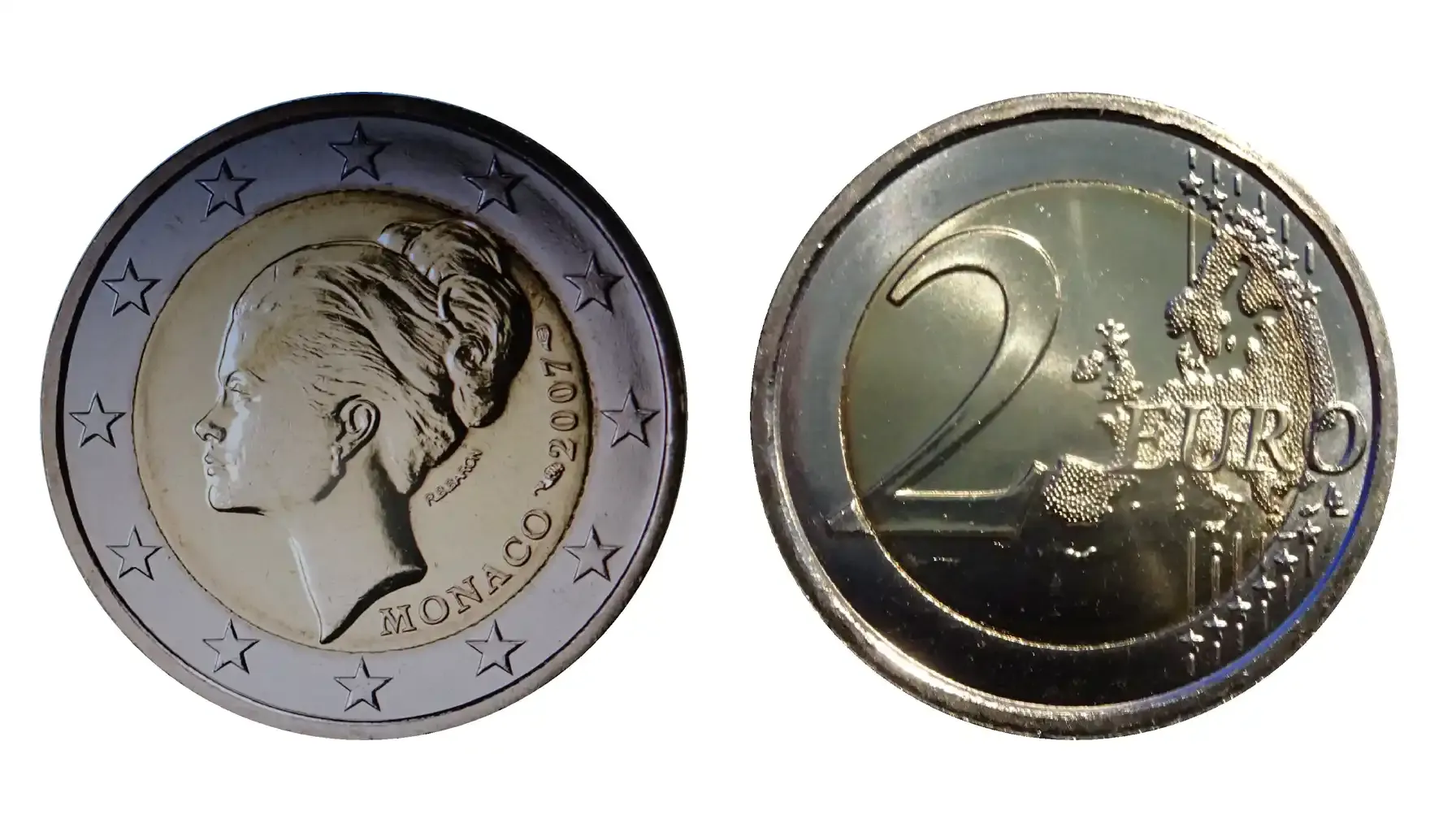 A picture of the 2 Euros Grace Kelly coin, featuring its obverse design with a portrait of Grace Kelly, placed on a plain, softly lit background