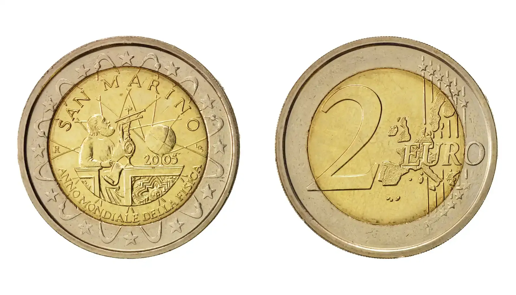 A picture of the 2005 San Marino Galileo Galilei commemorative coin, showcasing its detailed design featuring Galileo holding a telescope, with celestial elements in the background