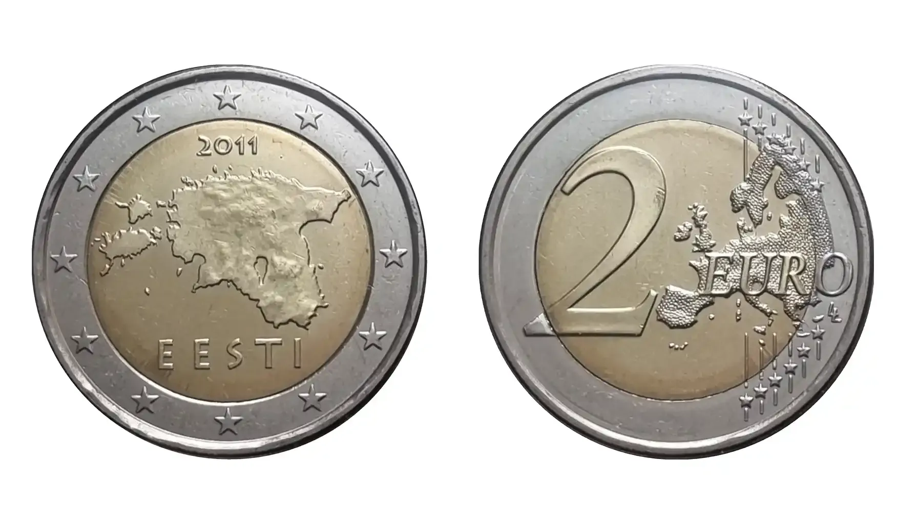 A picture of the 2011 Estonia First Euro Coin, featuring a map of Estonia and a symbolic gathering of the fifteen states of the European Union