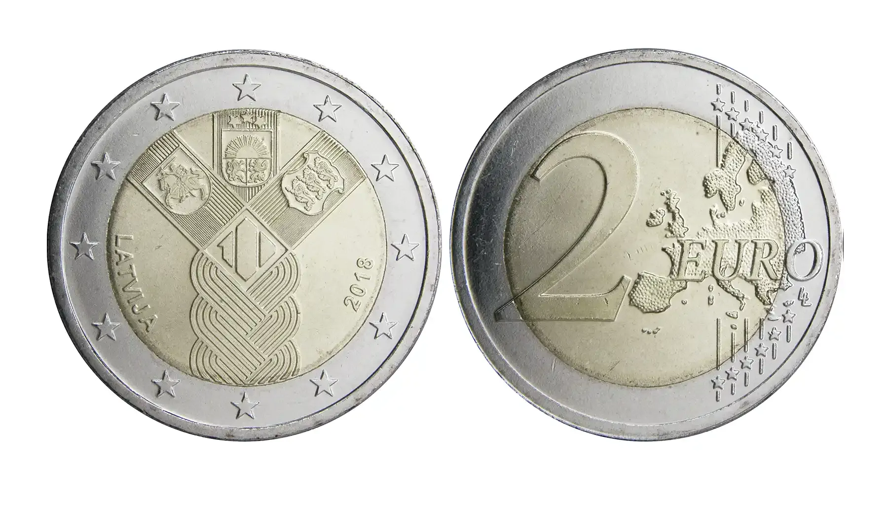 A picture of the 2018 Latvia 100th Anniversary of Independence coin, showcasing the three Baltic sisters — Estonia, Latvia, and Lithuania — with the coats of arms of the three Baltic countries