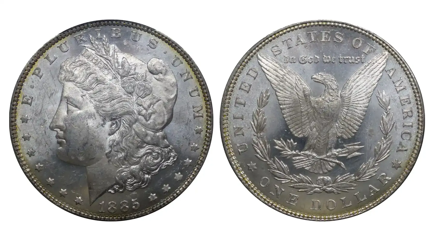 A picture of the 1897-O Morgan Silver Dollar, featuring Lady Liberty in profile on the obverse and a detailed eagle with outstretched wings on the reverse.