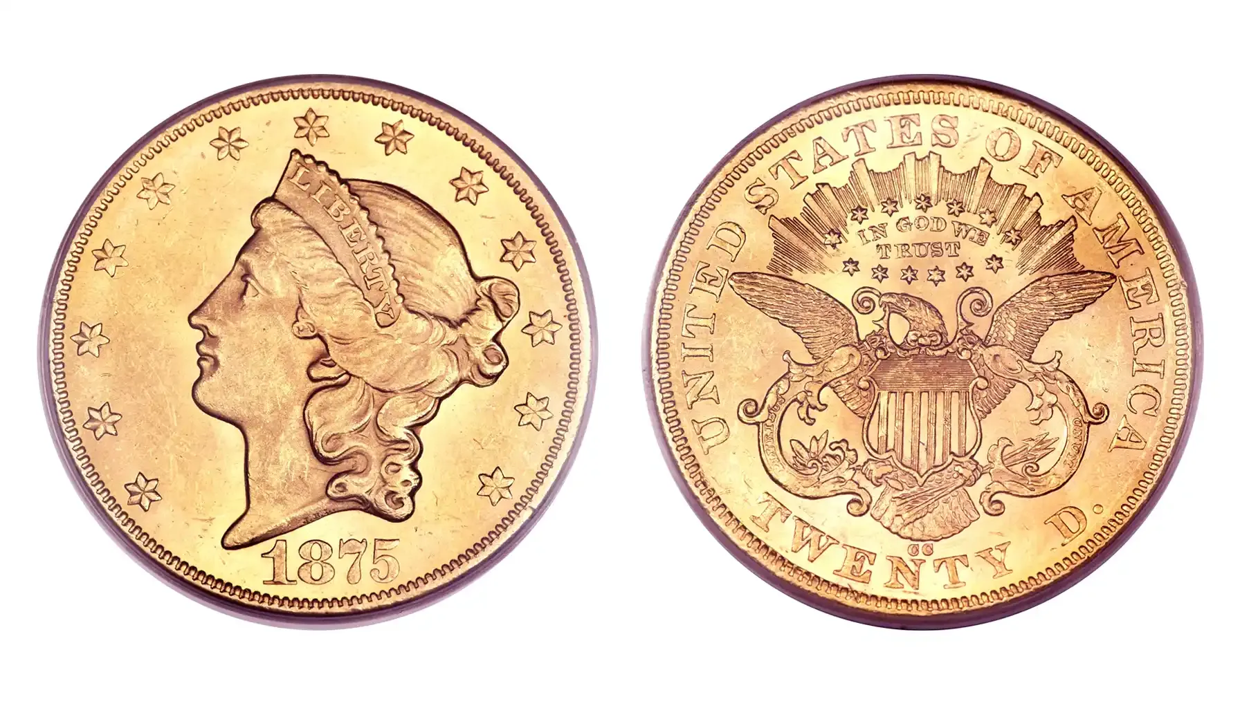 A picture of the 1869 Liberty Gold Double Eagle, featuring Lady Liberty in profile on the obverse with a heraldic eagle on the reverse