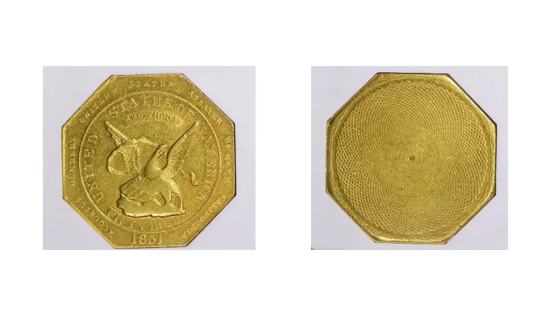 A picture of the 1851 Gold $50 880 Reeded Augustus Humbert coin, showcasing an octagonal shape with detailed inscriptions