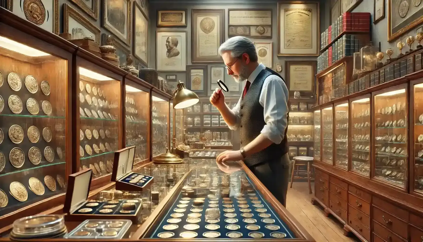 A picture of a numismatic merchant in their shop, surrounded by various coins, coin holders, and collectibles, as they examine a coin through a magnifying glass