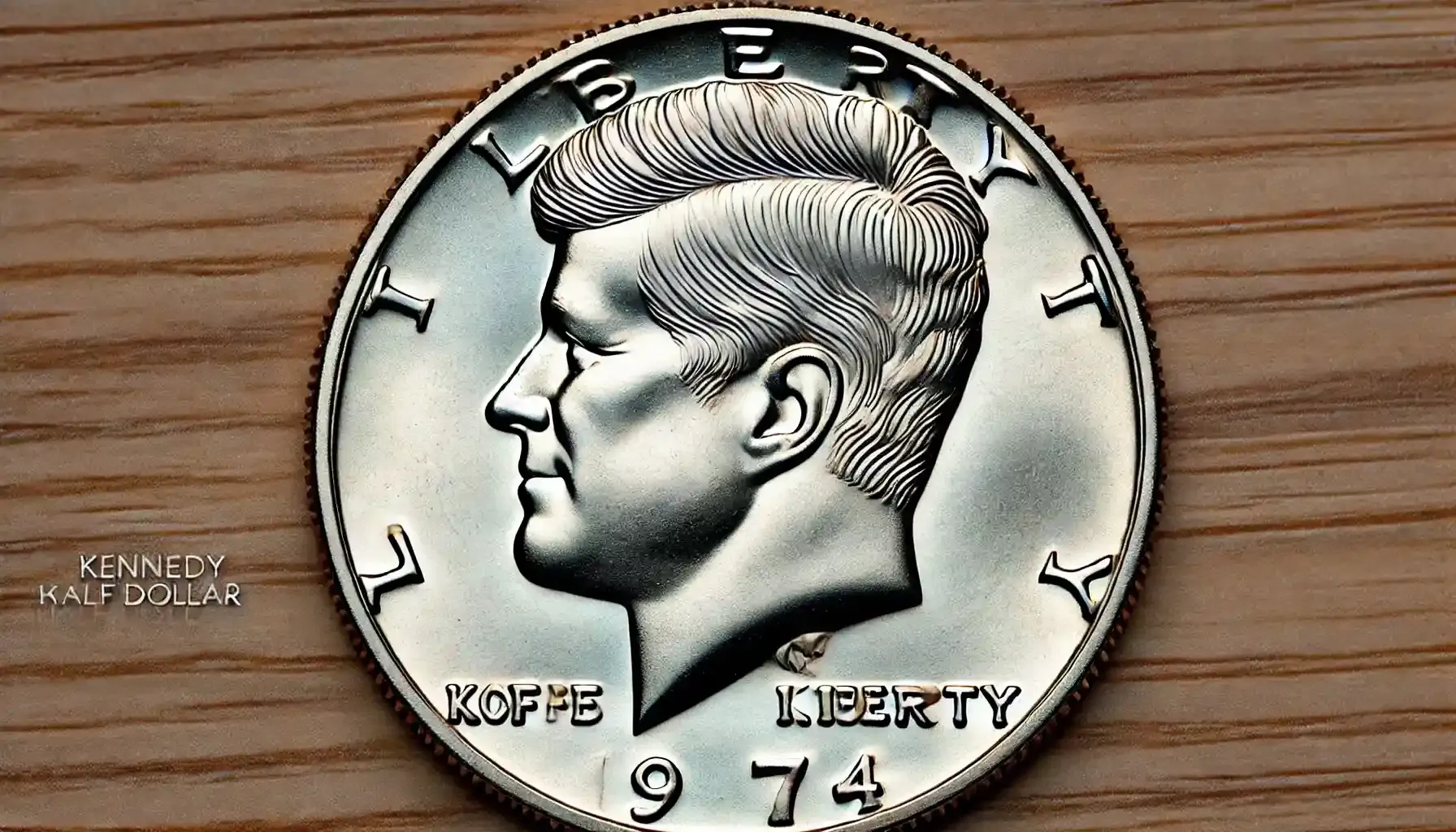 A close-up image of a 1974 Kennedy Half Dollar with an off-center strike, showing the design shifted significantly to one side, leaving a blank, unstruck area on the opposite edge.