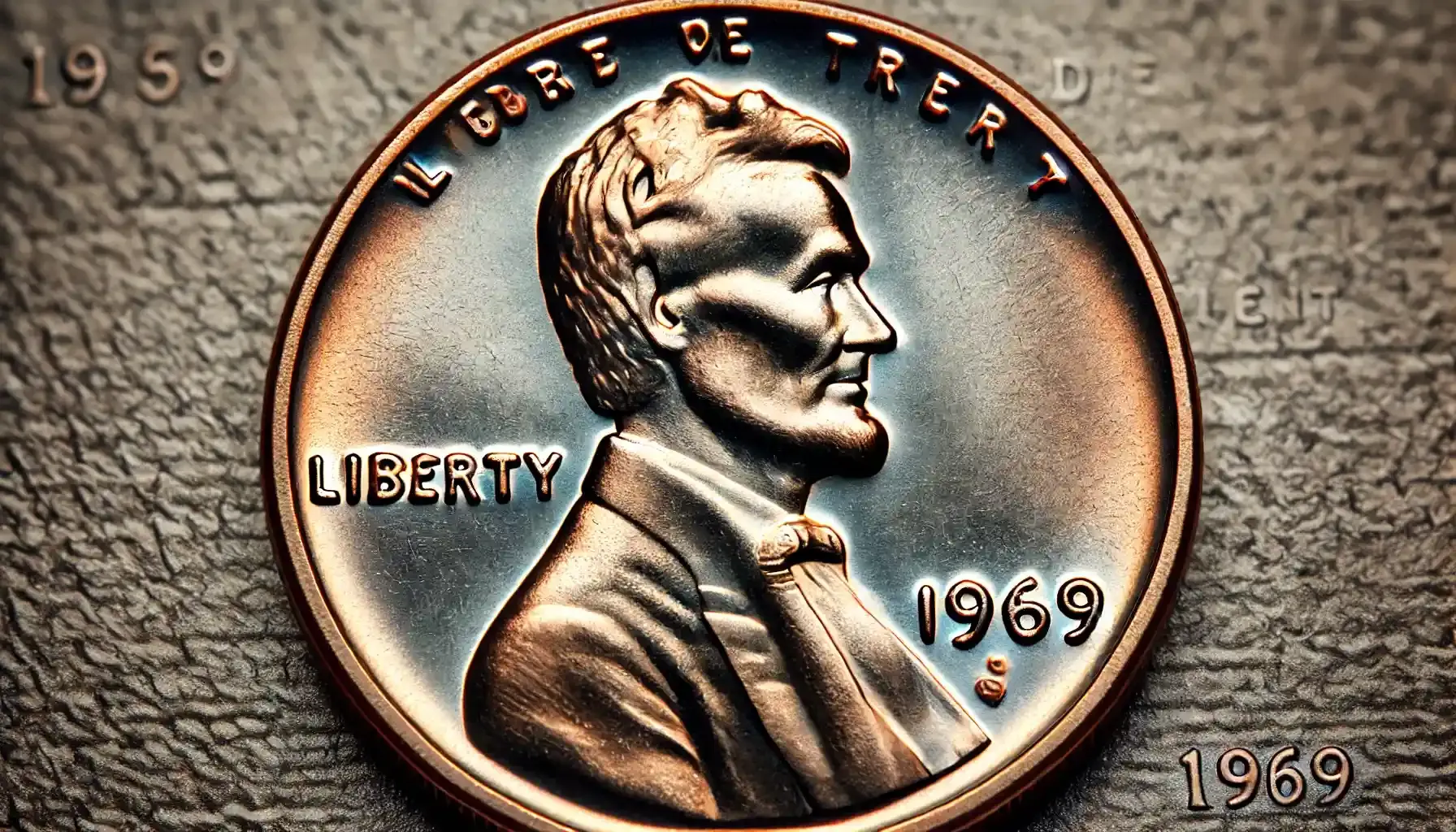 A close-up image of a 1969 Lincoln Cent displaying a doubled die error, with clear duplication visible on the coin's lettering, numbers, and design elements.