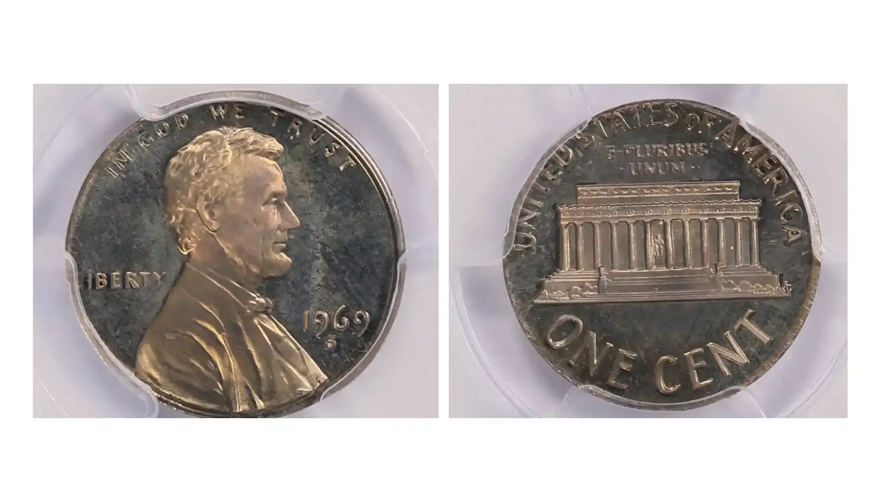 A picture of the 1969-S Lincoln Cent struck on a clad dime blank, showcasing the distinct overlap of the Lincoln cent design with the smaller dime planchet