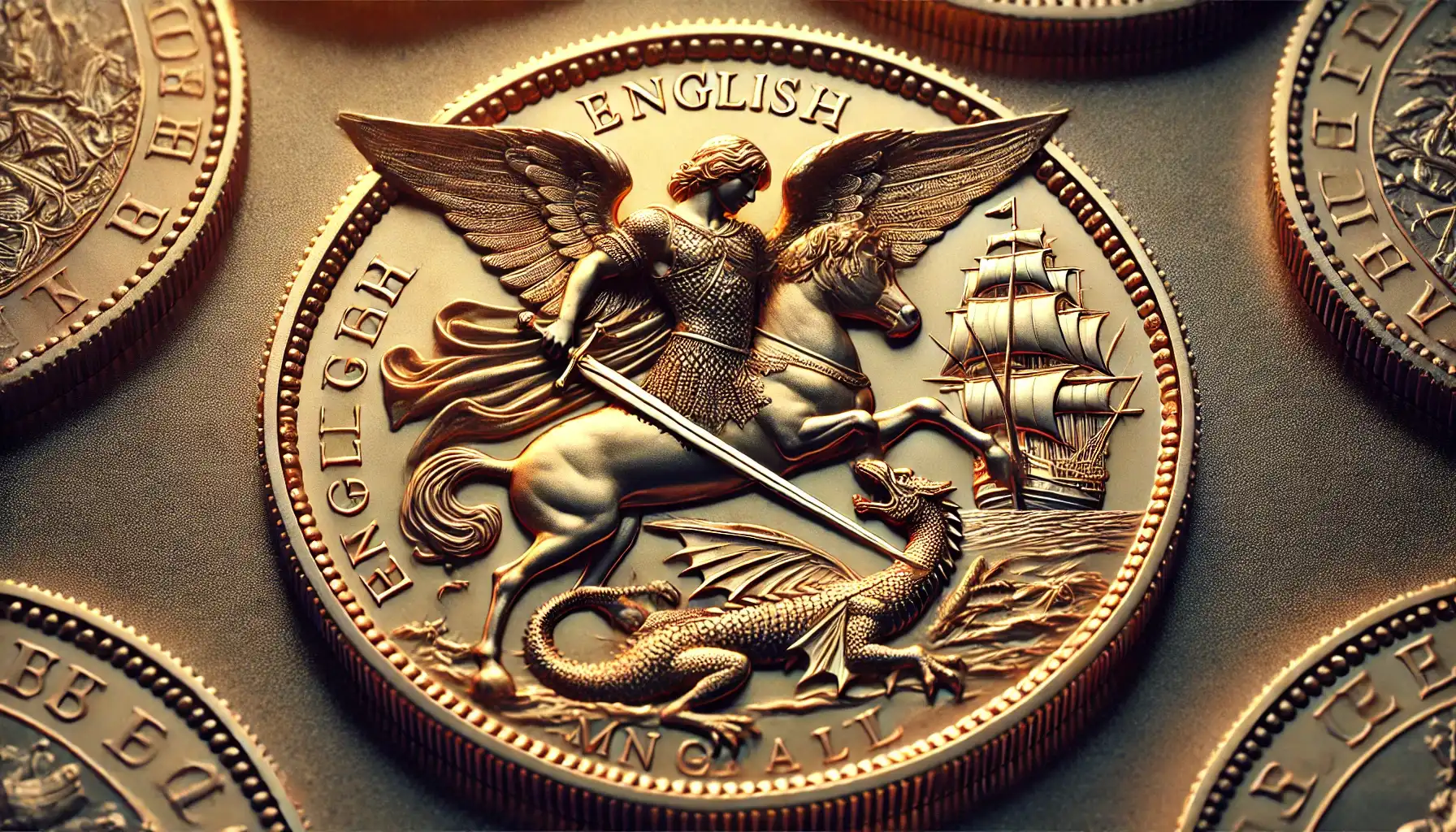 A close-up of the English Angel coin, with Archangel Michael defeating the dragon on the obverse and the ship on the reverse.