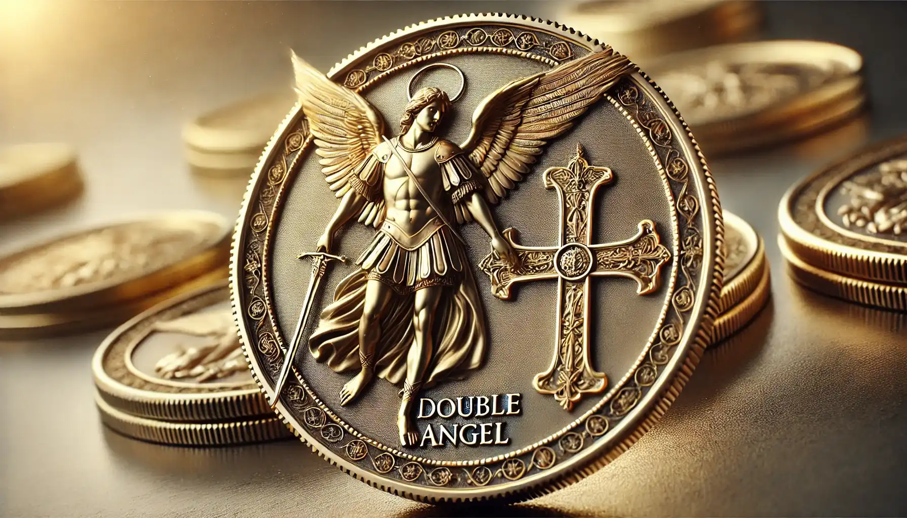 A close-up of the Double Angel coin, depicting Archangel Michael on the obverse and the heraldic cross on the reverse.