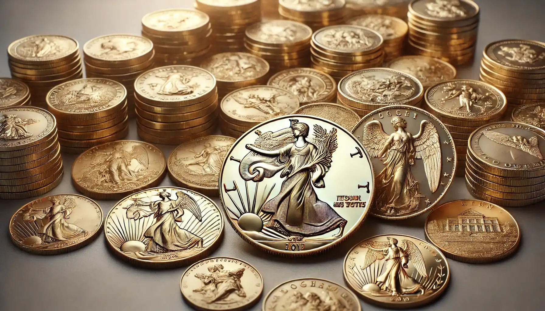 A well-organized collection of various gold coins with angel on both sides, arranged to highlight the diversity and beauty of these collectible pieces.