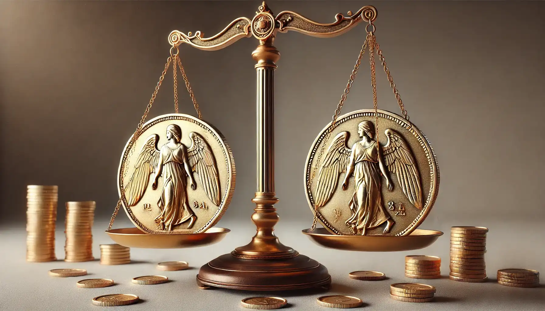 The picture shows a bowl of scales. On one of the scales there is a rare two sided angel coin, on the other scales there is a handful of ordinary coins.