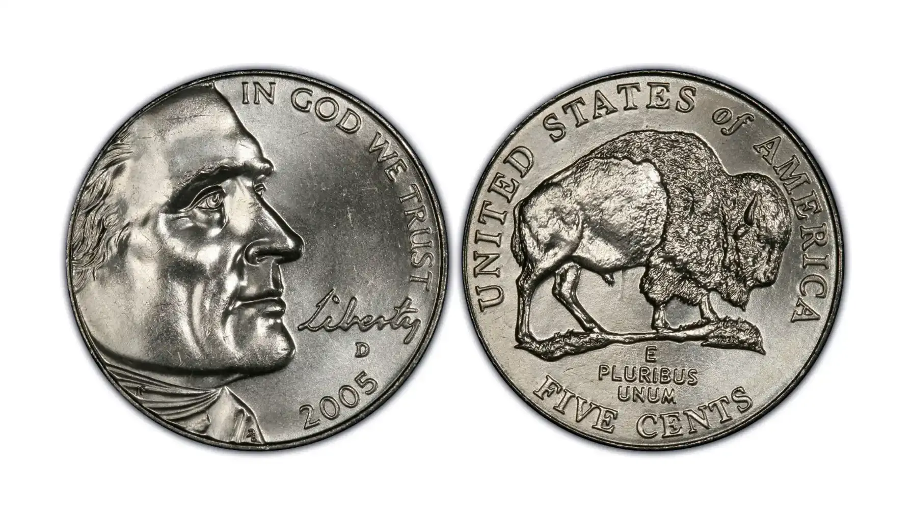 A close-up image of the 2005-D Speared Bison Nickel, highlighting the error where a spear appears to be piercing the bison