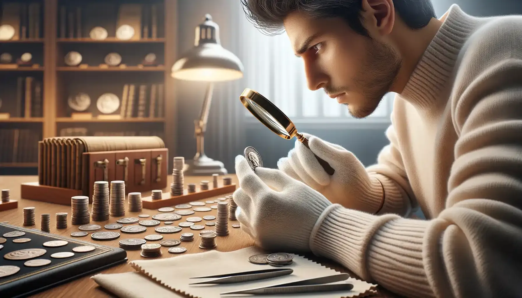 A coin collector closely inspecting a coin with a magnifying glass, highlighting the coin's details