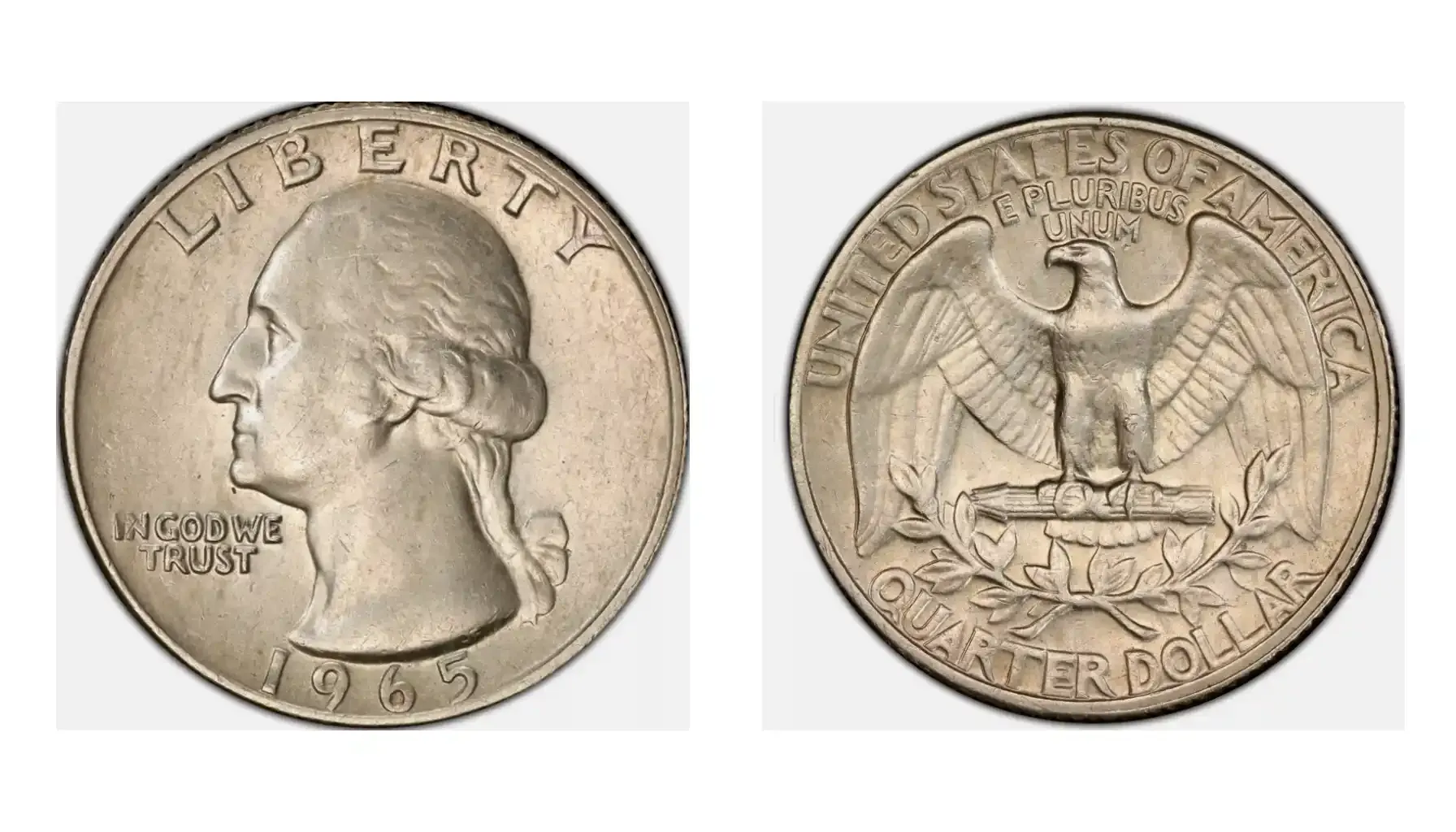 A detailed image of the 1965 Washington Silver Quarter, showcasing its obverse side with George Washington's profile