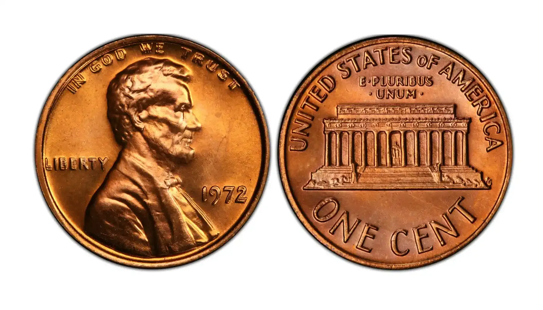 A detailed image of the 1972 1C Doubled Die Obverse coin, showcasing the noticeable doubling on the inscriptions