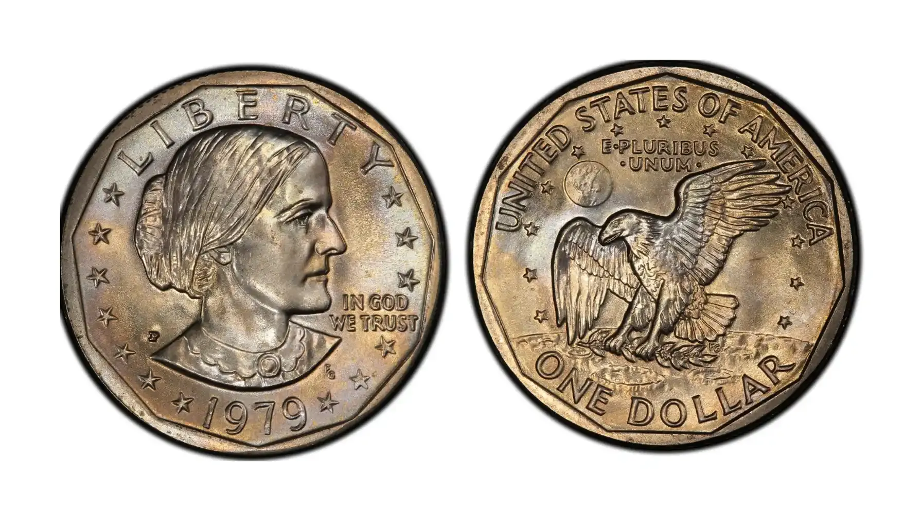 A close-up image of the 1979-P Susan B. Anthony Dollar (SBA$1) Wide Rim variety, highlighting the reduced gap between the date and the rim of the coin