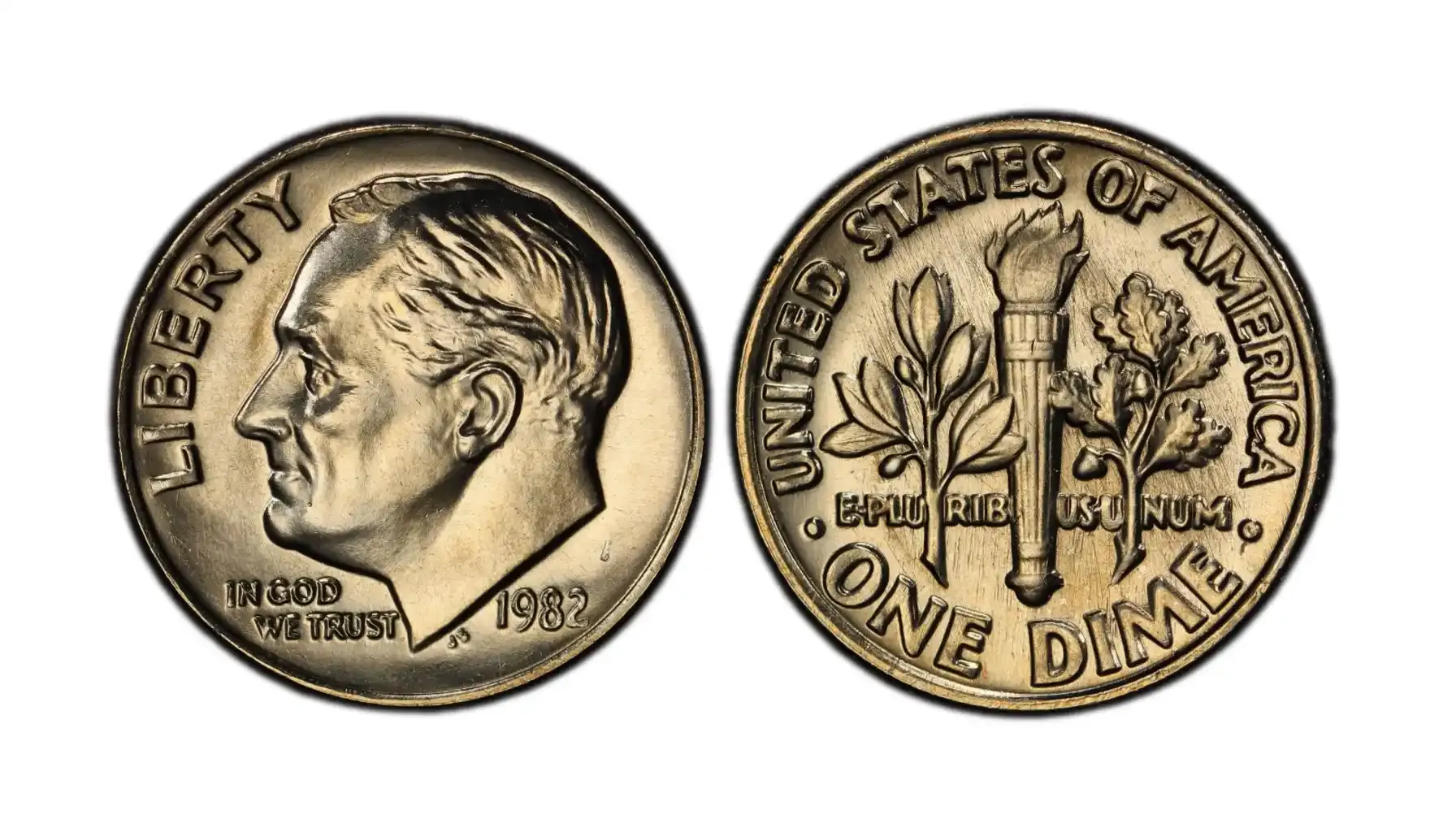 A detailed image of the 1982 Roosevelt Dime with no mintmark, known as the "Strong" variety, showing its polished surfaces and distinct design elements