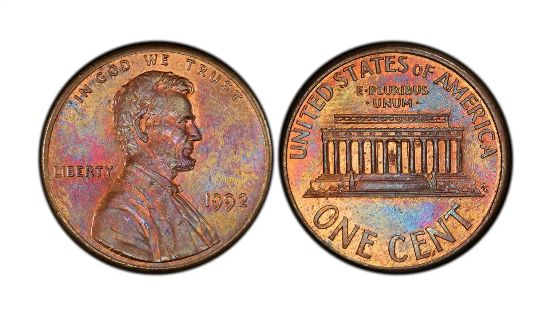 A close-up of the 1992 Lincoln Cent featuring the "Close AM" variety, highlighting the near-touching "A" and "M" in "AMERICA" on the reverse