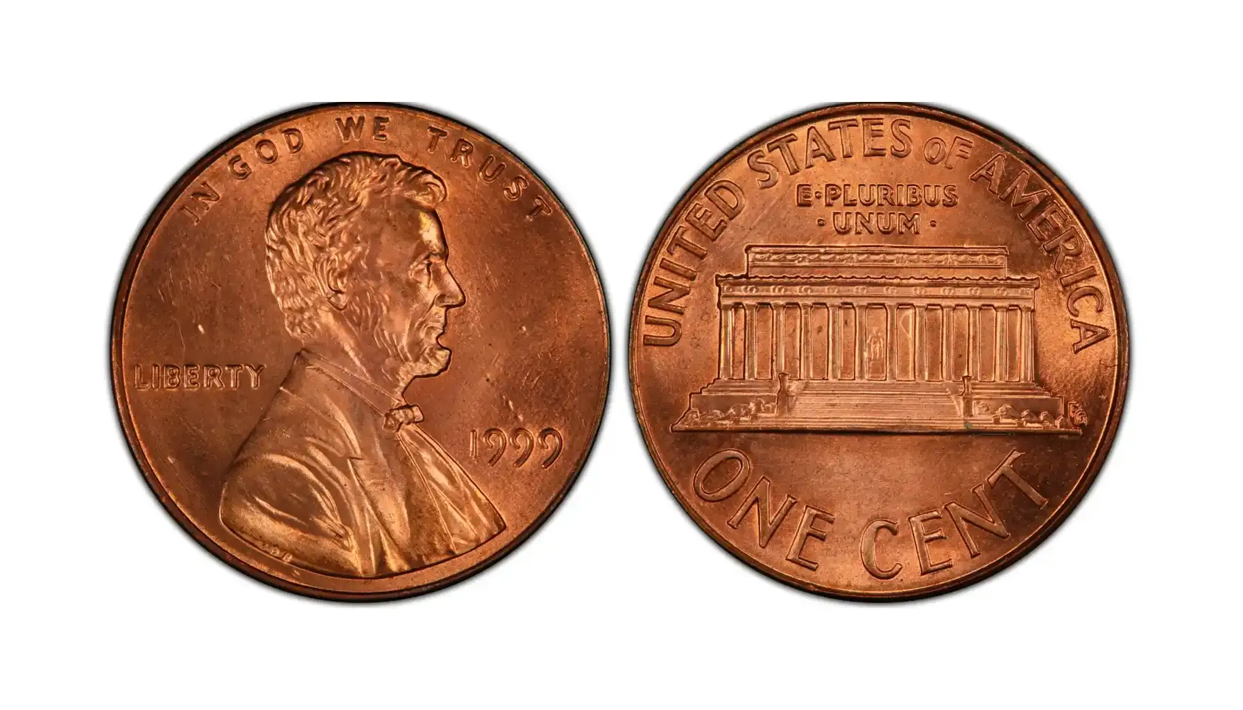 A close-up of the 1999 Lincoln Cent showing the "Wide AM" variety, with noticeable spacing between the "A" and "M" in "AMERICA" on the reverse