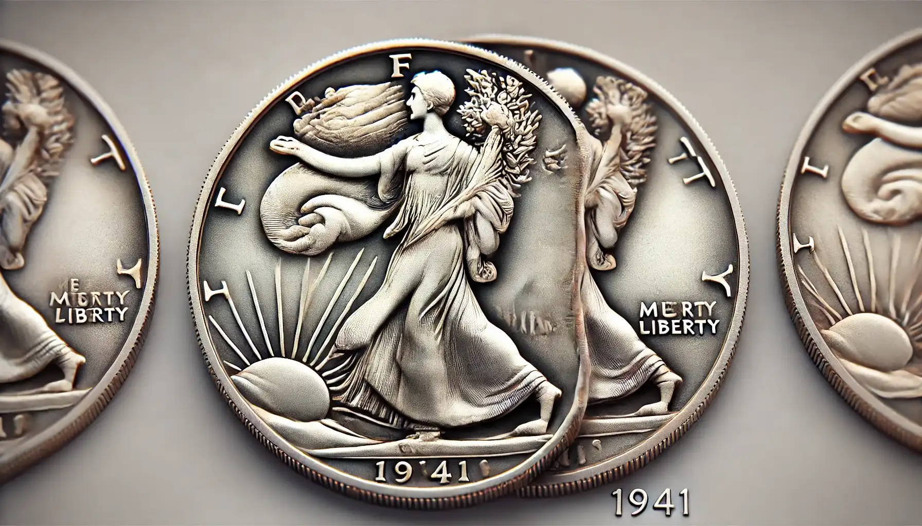 A picture showing comparison of three Walking Liberty half dollars 1941, showing the differences in mint marks: no mint mark, "D" mint mark, and "S" mint mark.