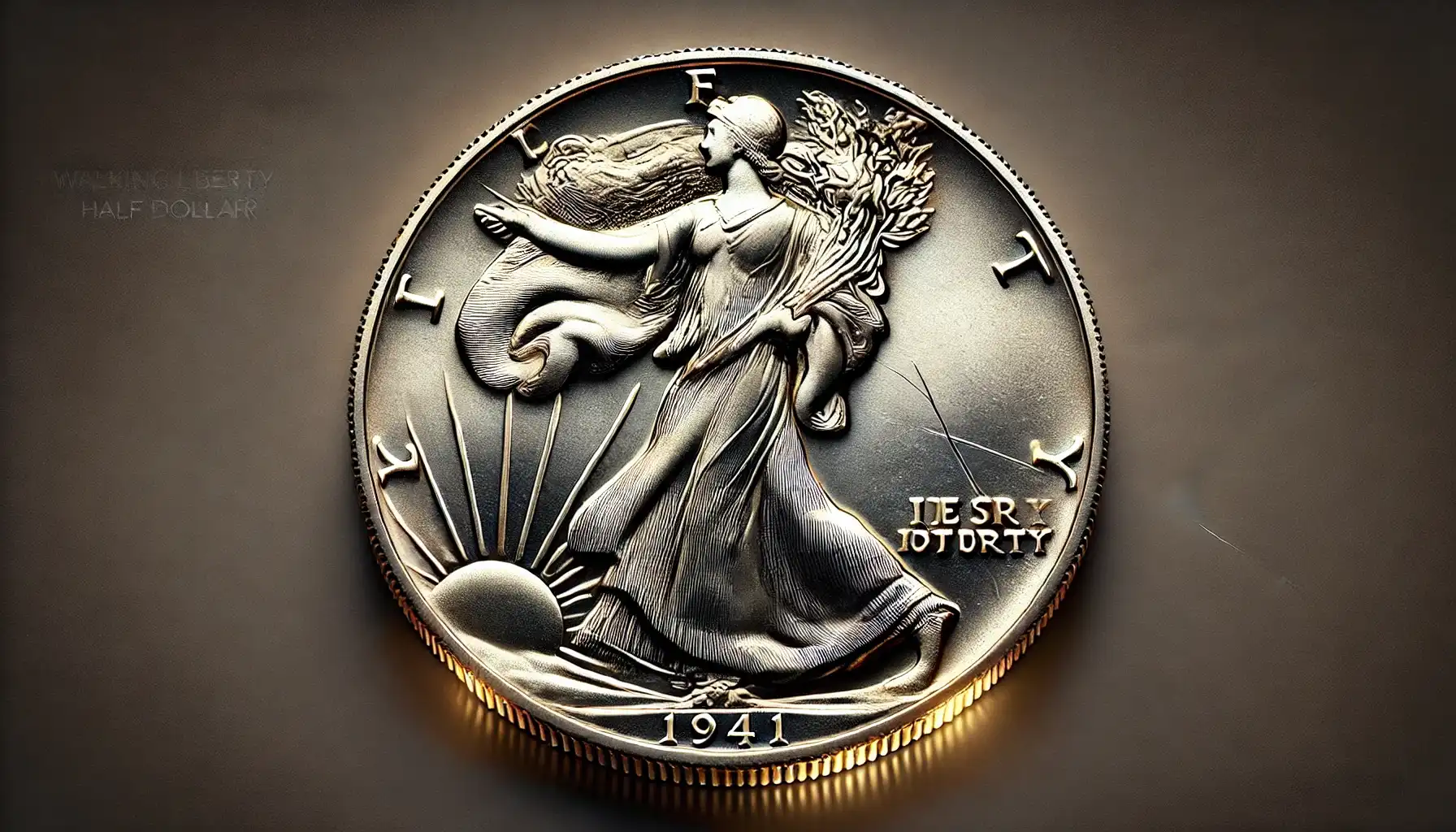 An enlarged picture of 1941 walking liberty half dollar with visible minting errors, such as a stroke off-center or a crack on the stamp.