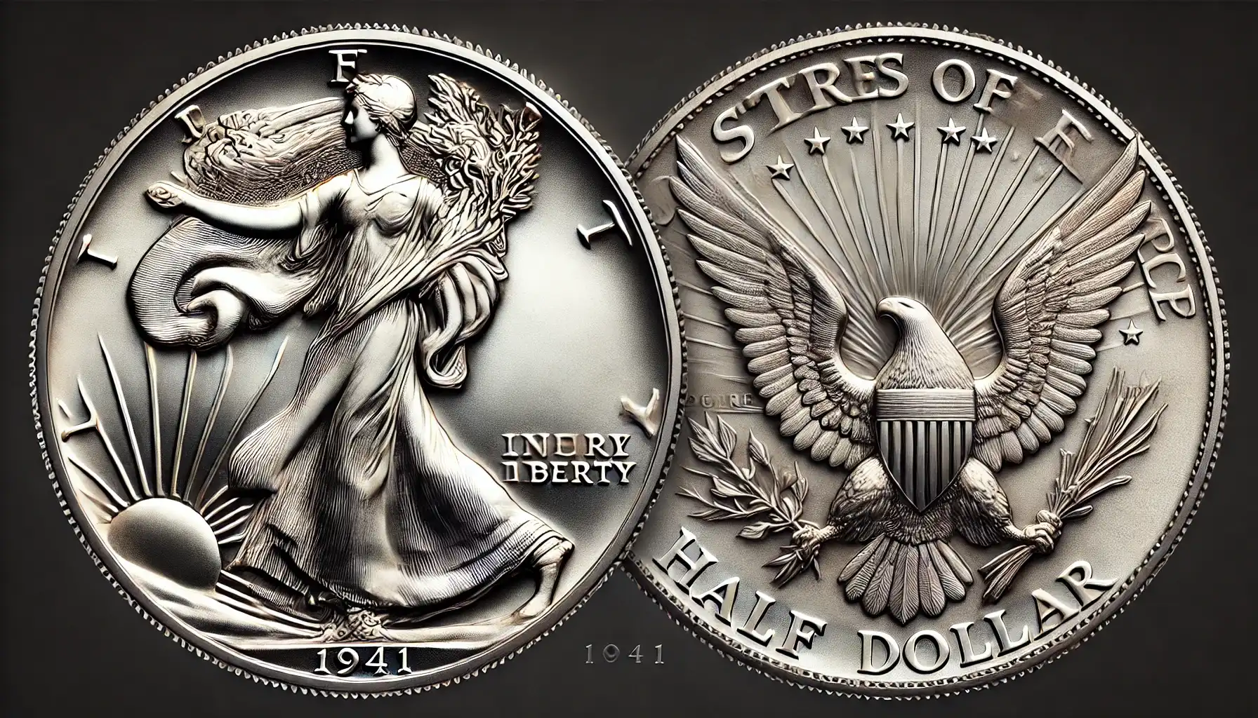 A close-up image of the obverse and reverse sides of the 1941 Walking Liberty half dollar.