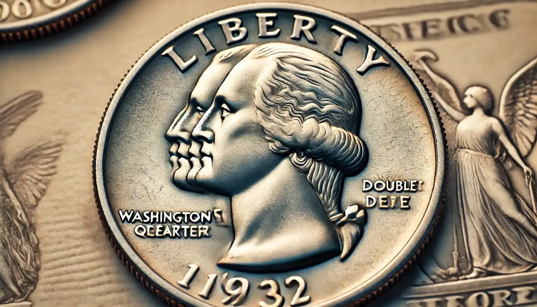 A picture of a 1932 Washington Quarter with a double die error, showing a noticeable doubling on the inscriptions and design elements.