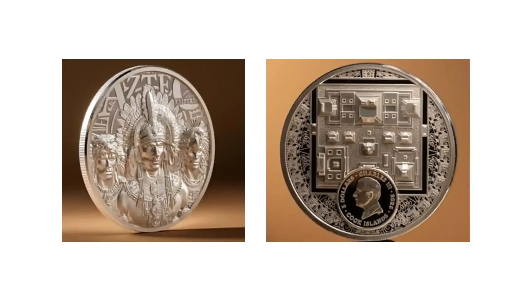 A picture of The Aztec Empire 1oz Silver Coin issued by the Cook Islands, featuring an intricate high-relief design inspired by Aztec culture.