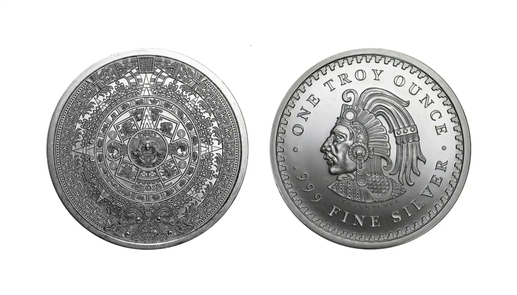 A picture of the Aztec Calendar 1oz Silver Round (USA), featuring a detailed replica of the Aztec Sun Stone on its surface, with intricate carvings and designs.