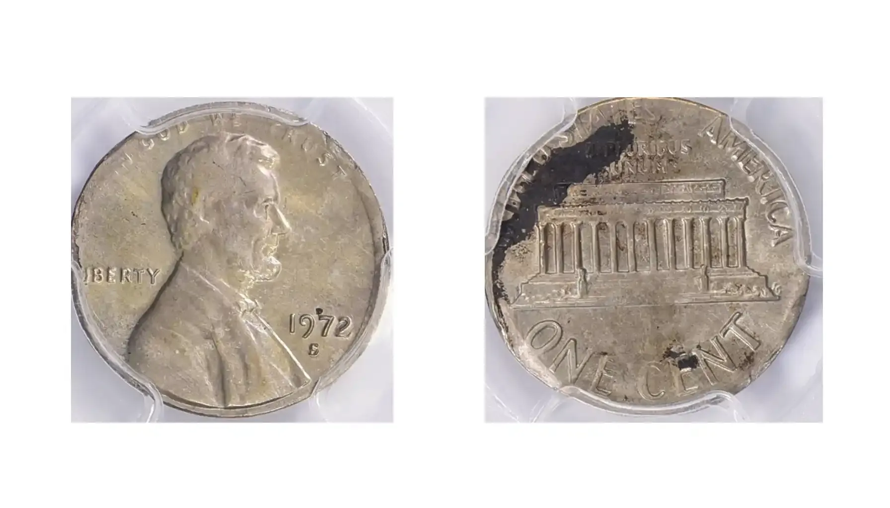 A picture of a 1972-S Lincoln Cent struck on a clad T-1 blank, displaying its silvery color and thinner composition.