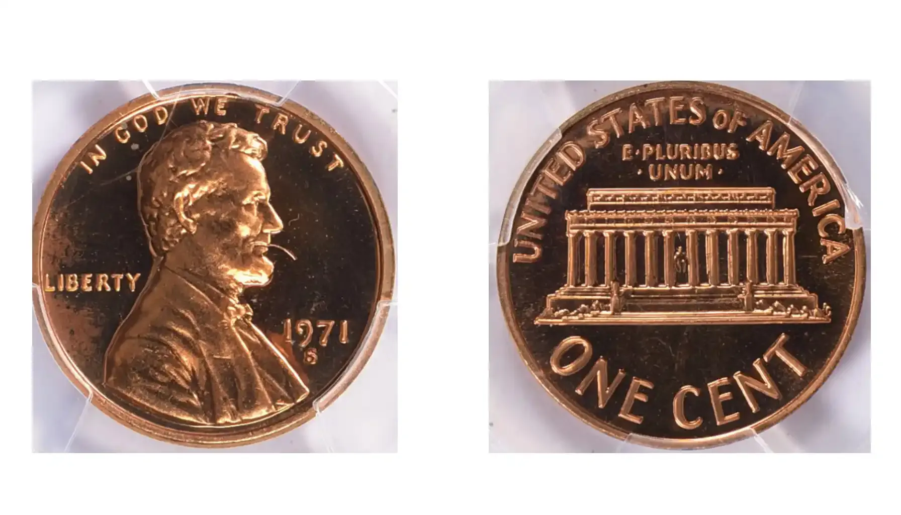 A picture of a 1971-S Lincoln Cent struck through on the obverse, showing a faded design due to debris or grease on the die.