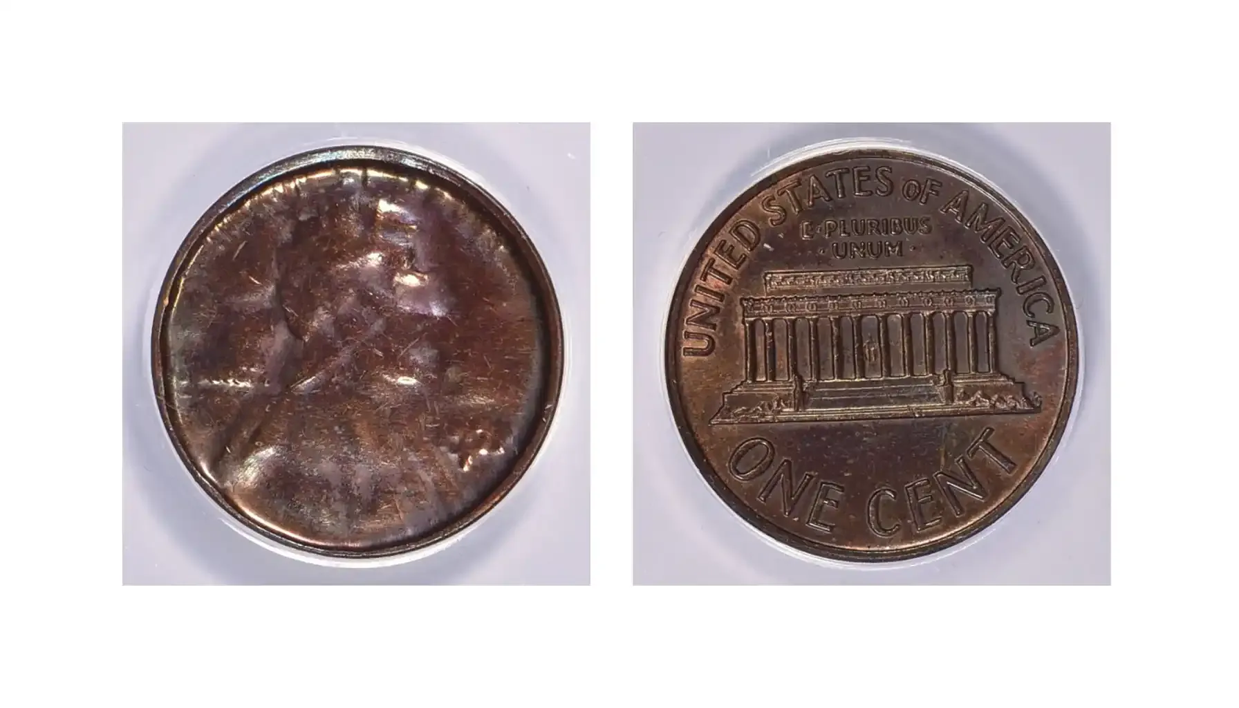 A picture of a Lincoln Cent struck through a late-stage capped die, displaying a soft, ghostly appearance on one side.