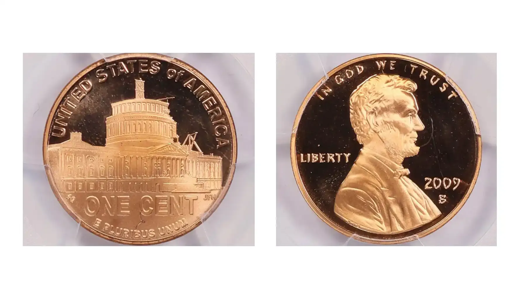 A picture of a 2009-S Lincoln Cent featuring the Presidency design, with the U.S. Capitol dome under construction in the background.