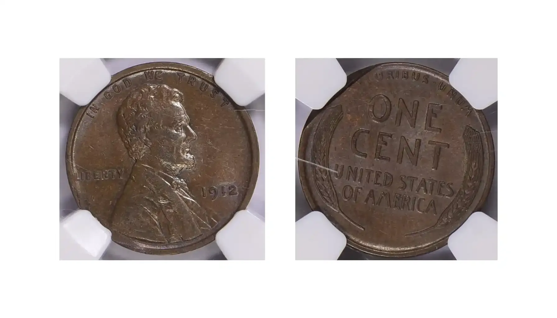 A picture of a 1912 Lincoln Cent with a straight clip at 7:00, showing a portion of the coin's edge missing as a result of a planchet cutting error.